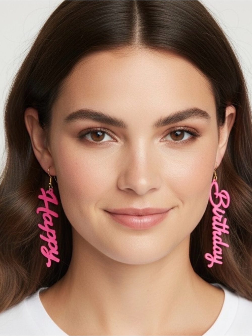 Pink "Happy Birthday" Script Drop Earrings